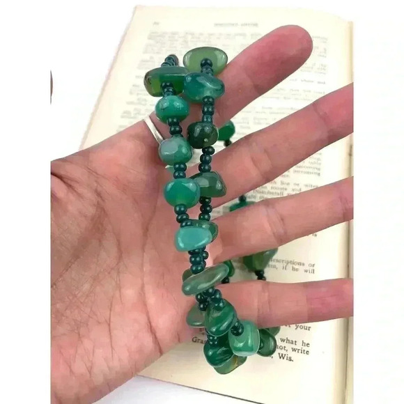 Natural Stone Green Agate Nugget Rock Beaded Necklace Seed Bead 20" - Picture 5 of 15